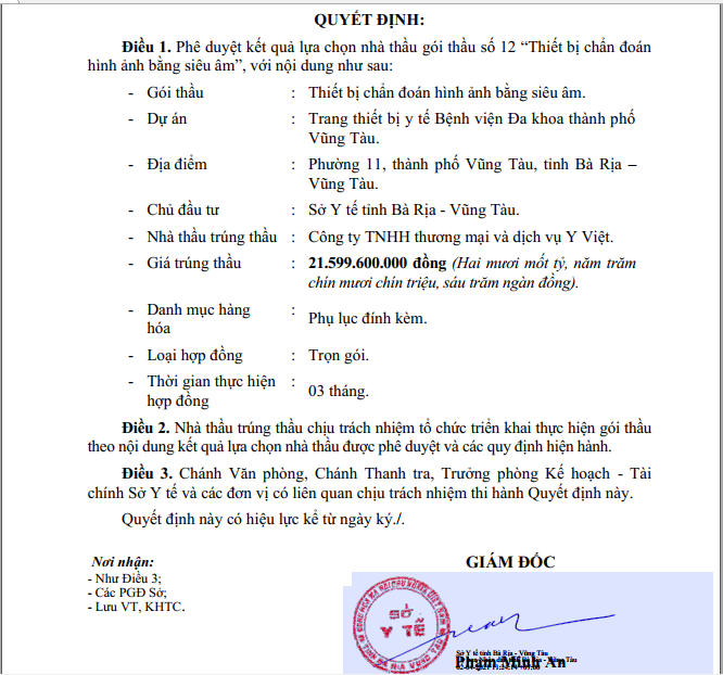 Công ty Y Việt là nhà thầu duy nhất tham dự hai gói thầu trị giá 53 tỷ đồng tại Sở Y tế tỉnh Bà Rịa- Vũng Tàu và trúng cả hai gói thầu.