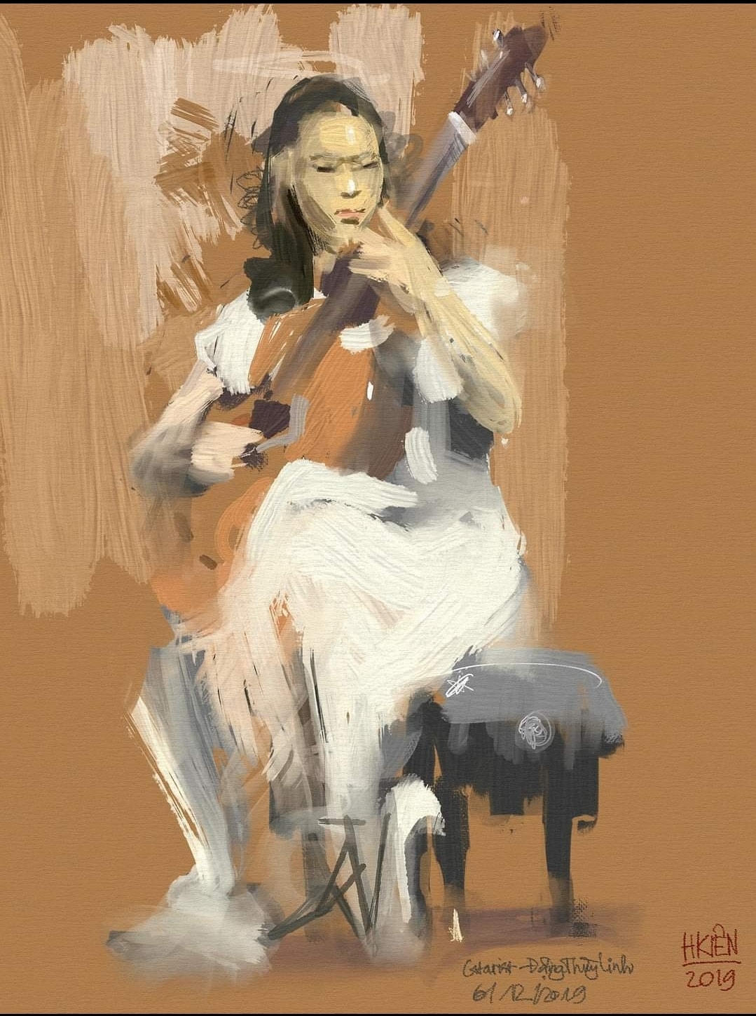 Guitarist Đặng Thùy Linh - ký hoạ của Hải Kiên