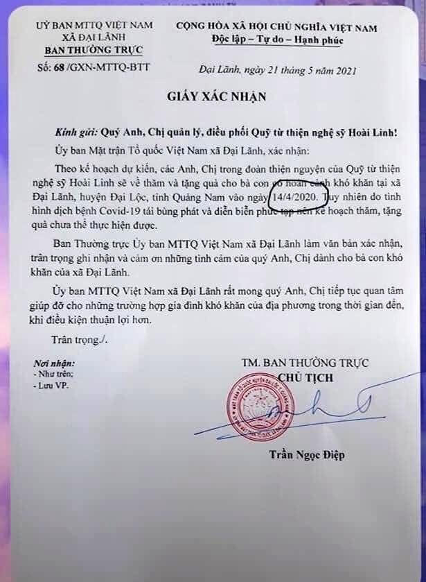 Giấy xác nhận thời gian đoàn thiện nguyện của nghệ sĩ Hoài Linh sẽ ủng hộ địa phương.