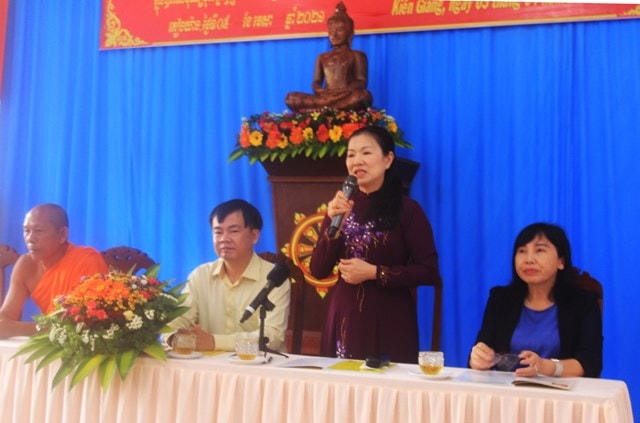 Phó Chủ tịch UBTƯ MTTQ Việt Nam Trương Thị Ngọc Ánh phát biểu tại buổi chúc Tết.  
