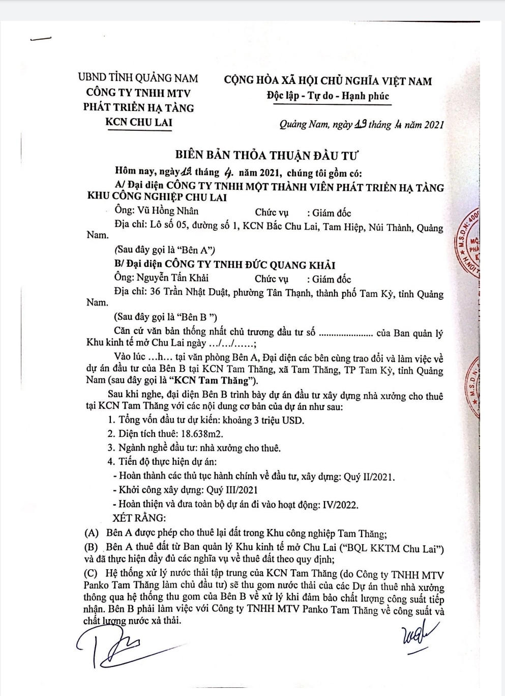 Biên bản thỏa thuận đầu tư Dự án xây dựng nhà xưởng cho thuê lại.
