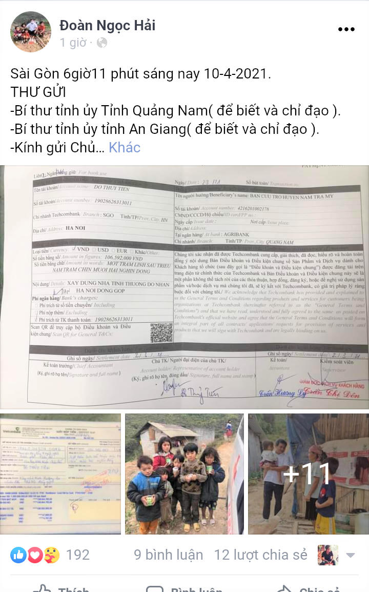 Ông Hải viết thư trên Facebook đòi lại điền ủng hộ xây nhà cho người nghèo.
