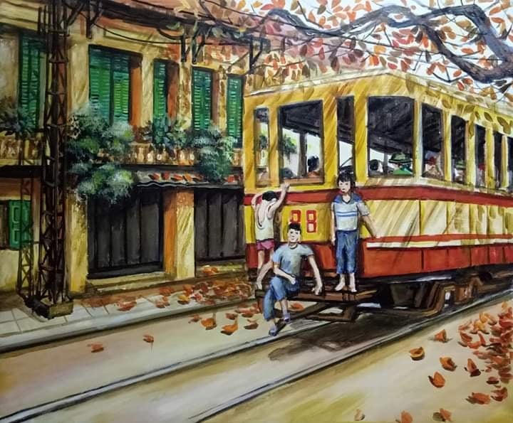 Đoàn tàu Hà Nội dưới nét vẽ của họa sĩ Việt Thắng. 