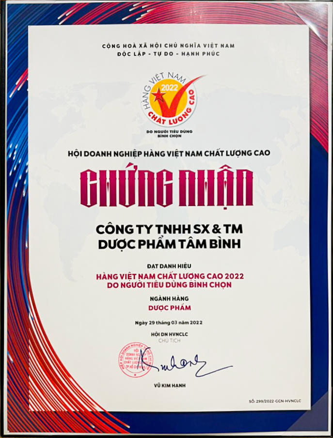 Dược phẩm Tâm Bình lần thứ 4 đạt chứng nhận Hàng Việt Nam Chất lượng cao