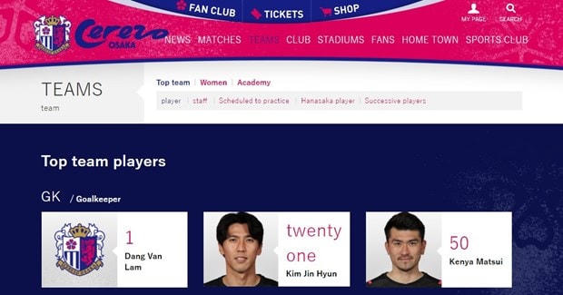 Đặng Văn Lâm được Cerezo Osaka đăng ký vào danh sách thi đấu cùng im Jin-Hyeon và Kenya Matsui.