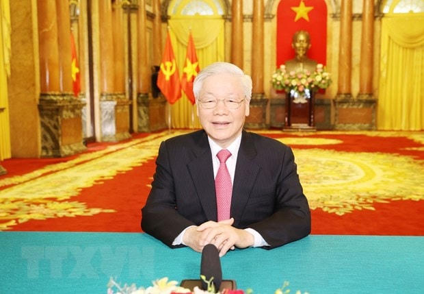 Tổng Bí thư, Chủ tịch nước Nguyễn Phú Trọng gửi thông điệp tới Phiên thảo luận chung cấp cao Khóa 75 Đại hội đồng Liên hợp quốc. (Ảnh: Trí Dũng/TTXVN).