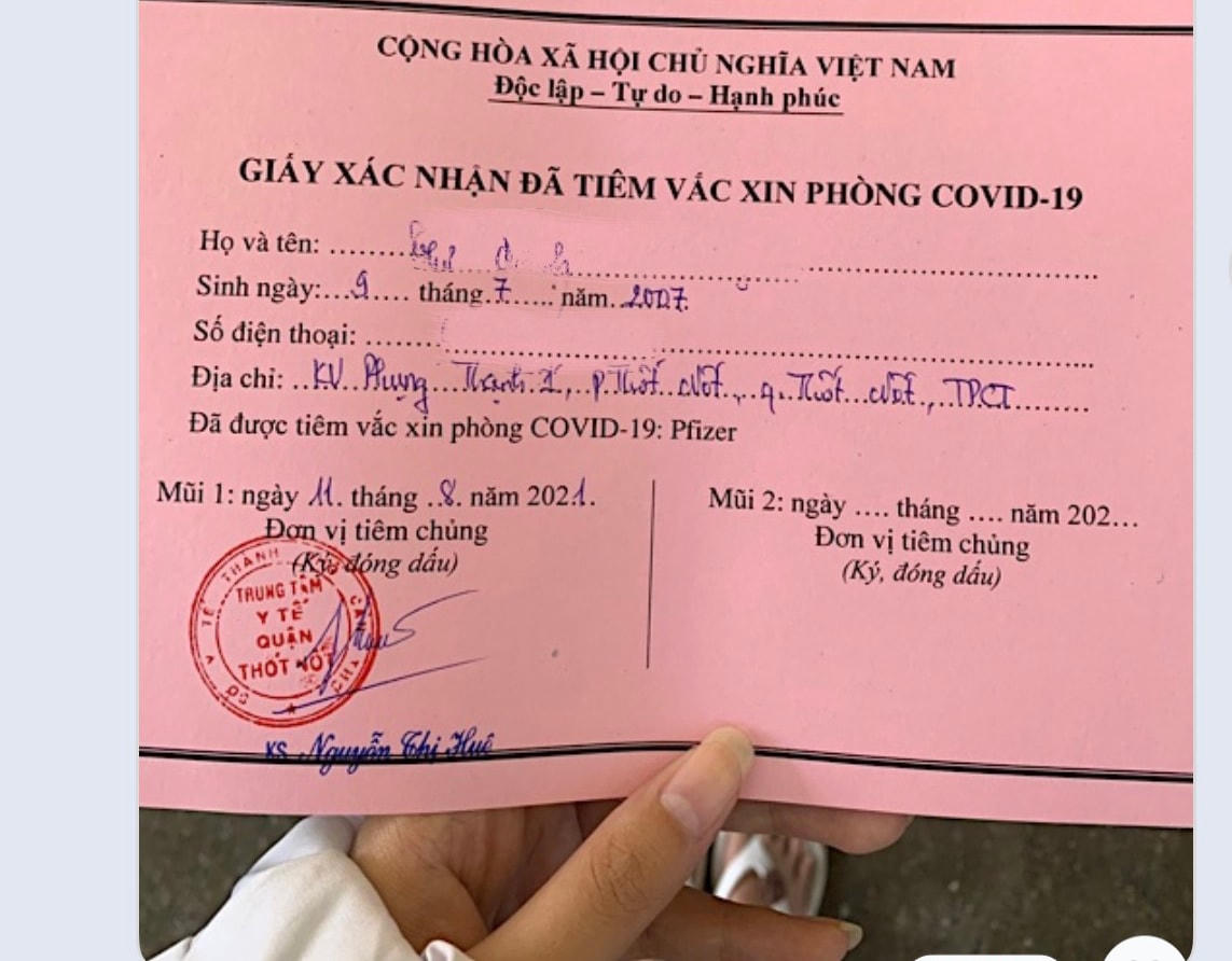 Trường hợp sinh năm 2007 cũng ở quận Thốt Nốt, được tiêm mũi 1.  