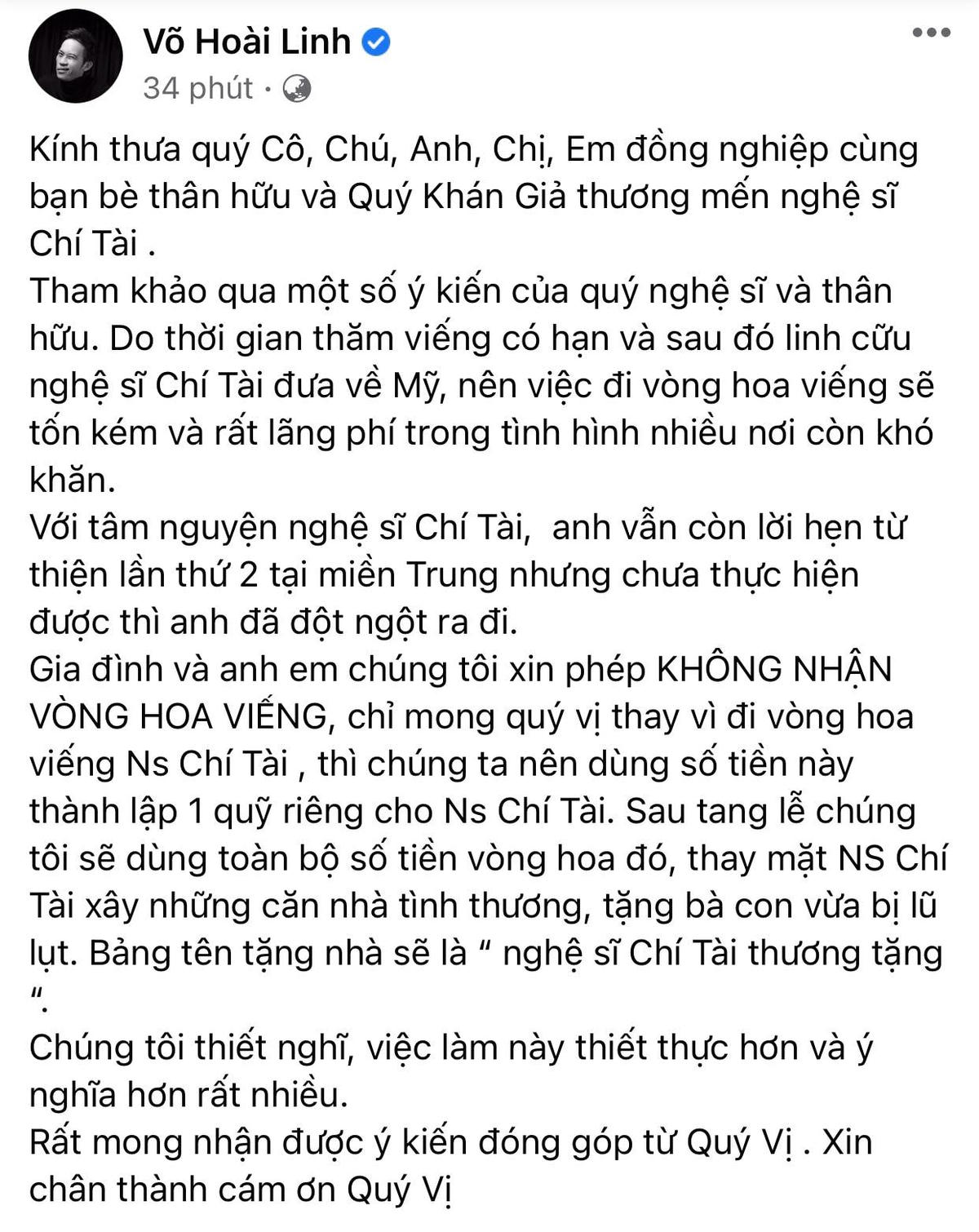 Lễ tang cố nghệ sĩ Chí Tài không nhận vòng hoa viếng