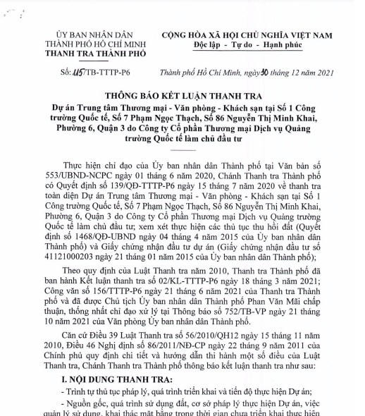 Thông báo Kết luận thanh tra dự án của Thanh tra TP HCM vừa công bố.