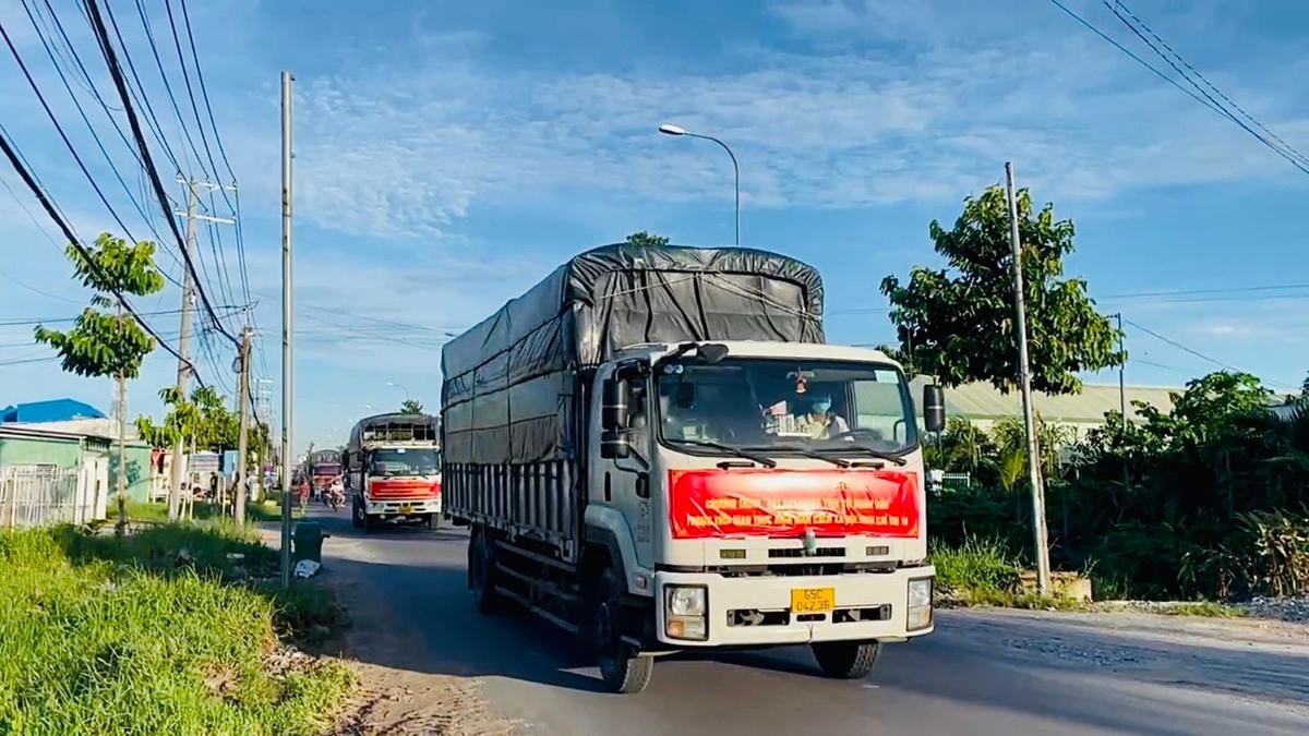 Nhuững chuyến xe đầy ắp gạo đang trên đường di chuyển về 11 huyện, thị, thành.