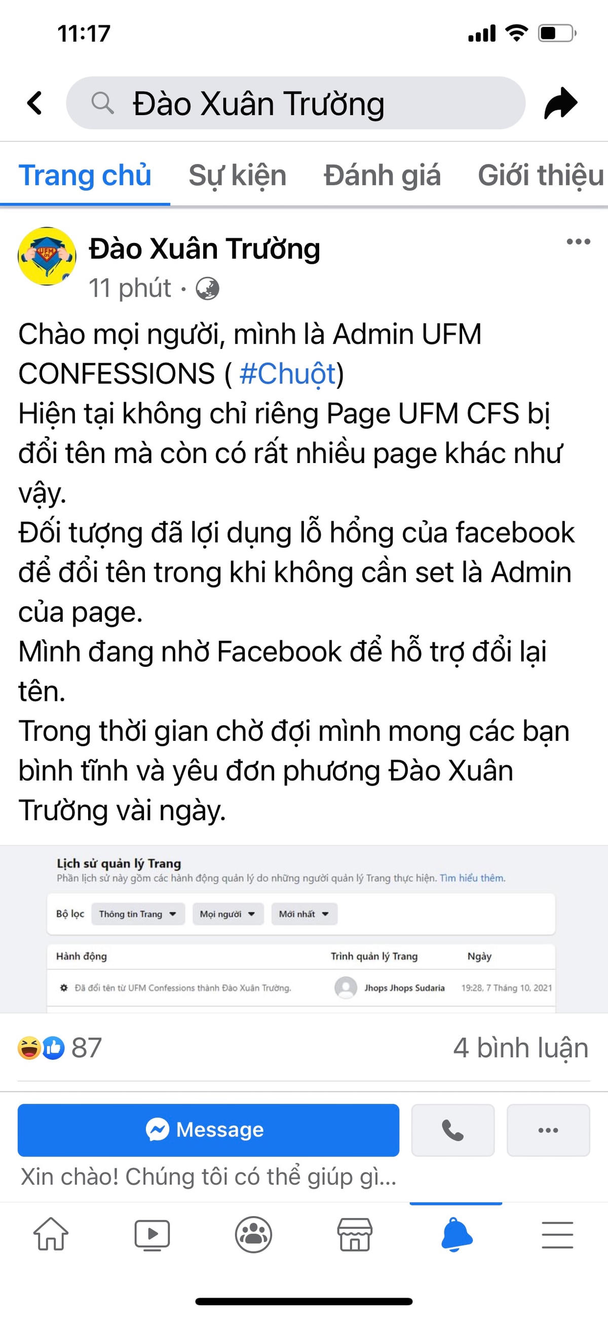 Đến trưa 8/10, Fanpage Trường Đại học Tài chính - Marketing vẫn chưa lấy lại tên.