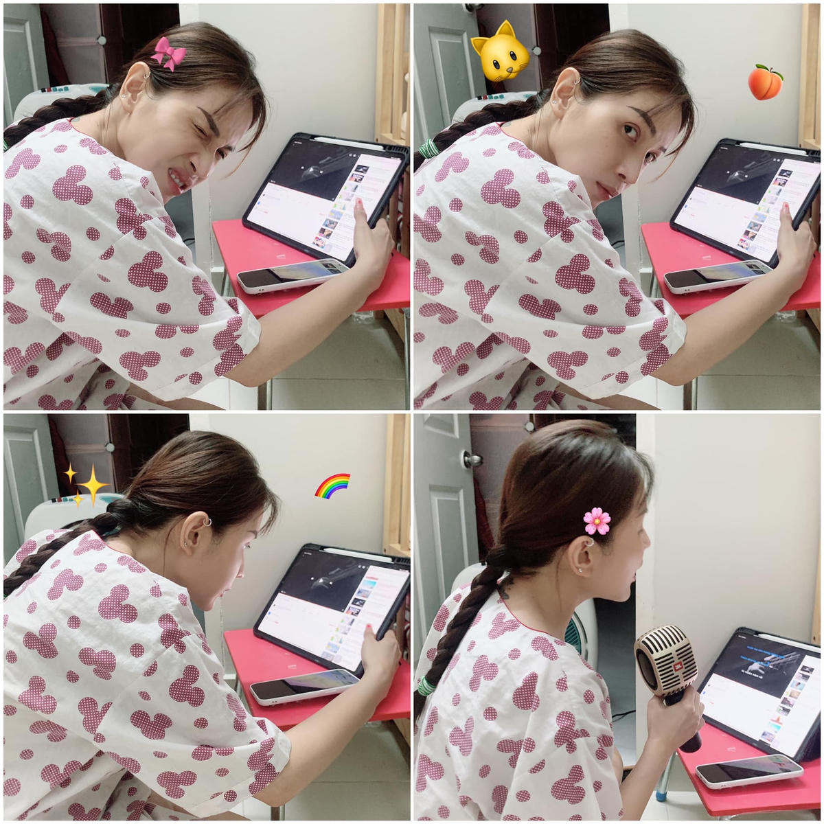 Khả Như có trò vui khi ở nhà chống dịch: “Từ ngày có cái Micro thì hỡi ơi! Sáng vừa mở mắt dậy hát 10 bài! Trưa 10 bài sau khi ăm cơm. Tối trước khi đi ngủ thì bắt cả nhà phải nghe 30 BÀI! Mà vì cái sự cute nè! Nên cả nhà rất yêu và thương!”.