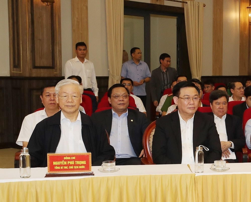 Tổng Bí thư, Chủ tịch nước Nguyễn Phú Trọng tại Hội nghị lấy ý kiến nhận xét và tín nhiệm cử tri nơi cư trú. Ảnh: Trí Dũng/TTXVN.  