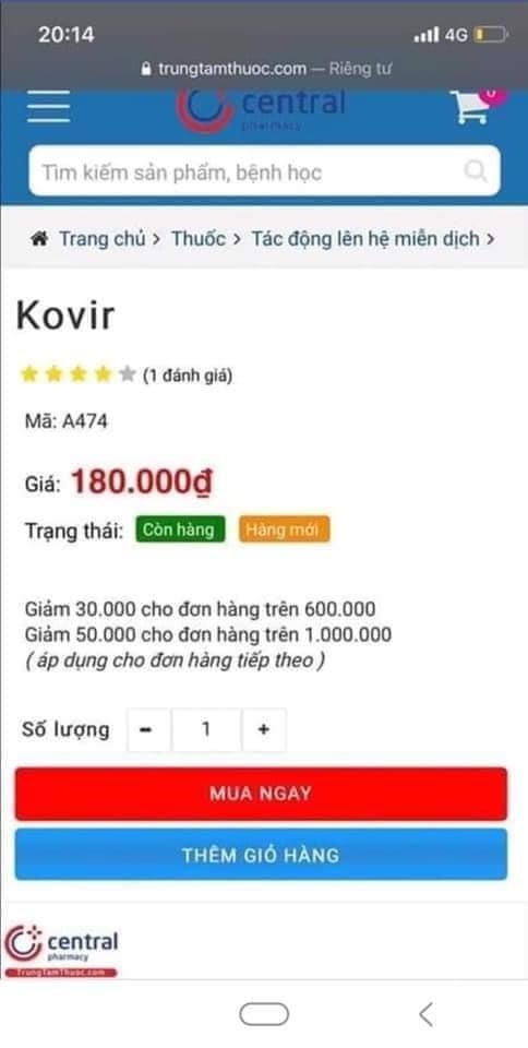 Giá một hộp Kovir trước ngày 19/7/2021.