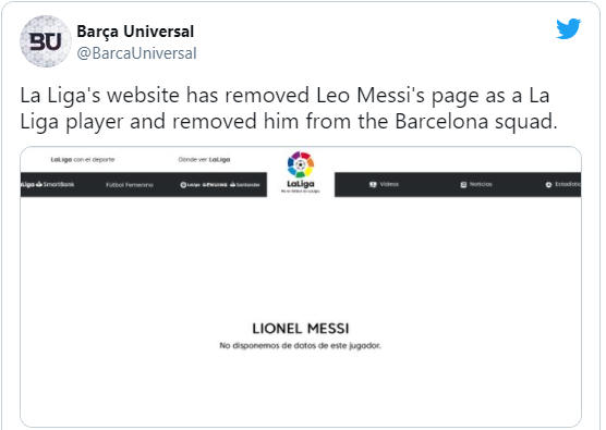 Trang chủ của La Liga đã xóa tên Messi khỏi danh sách của Barcelona.