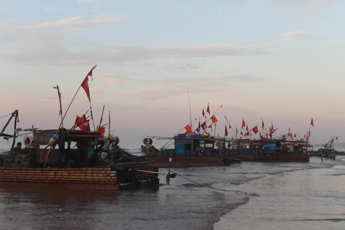 Gần 20 thuyền, bè trở về sau một đêm đánh bắt trên biển.