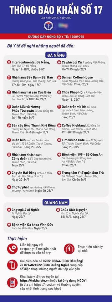 Khẩn cấp: Ai đã đến 20 điểm này ở Đà Nẵng, Quảng Nam cần liên hệ y tế