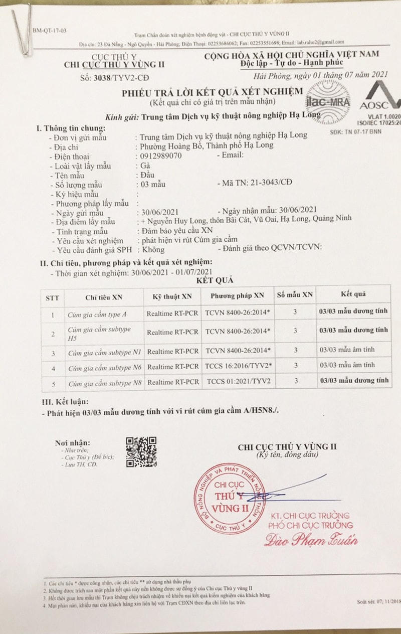 Kết quả xét nghiệm của Chi cục Thú y vùng II ghi nhận mẫu dương tính với vi rút cúm gia cầm A/H5N8. Ảnh: BQN.