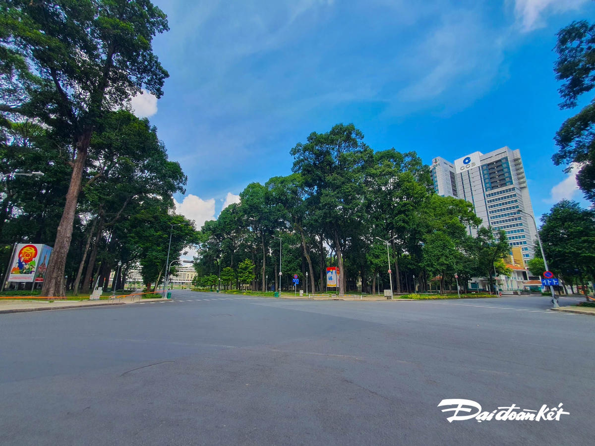 Khu vực trước Dinh Độc Lập thông thoáng và phủ đầy màu xanh mát từ những cây cổ thụ.