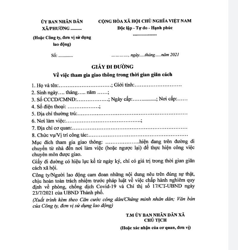 Mẫu giấy tờ sử dụng cho người đủ điều kiện lưu thông trên địa bàn thành phố.