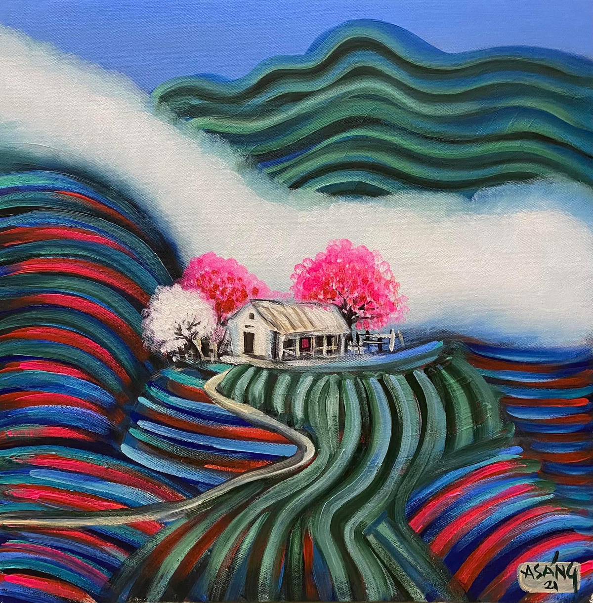 “Mùa xuân về bản” (Sơn dầu, 2021).