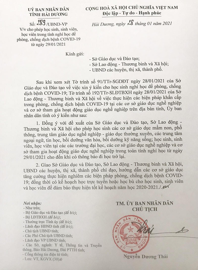 Văn bản chỉ đạo của UBND tỉnh Hải Dương cho phép học sinh, sinh viên nghỉ học từ ngày 29/1.  