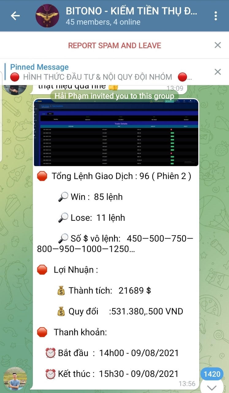 Một trong những đội nhóm Bitono đang thực hiện giao dịch trên ứng dụng Telegram