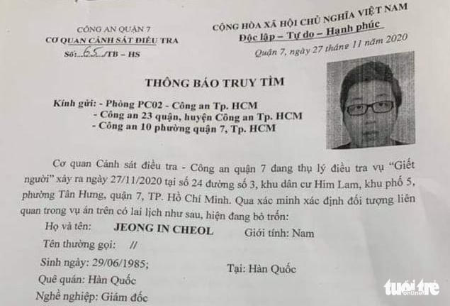 Thông báo truy tìm giám đốc người Hàn Quốc liên quan vụ án.