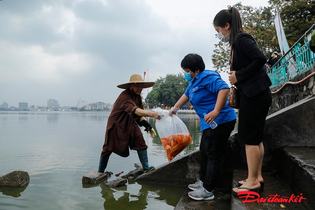 Ở tại hồ Tây cũng có các sư thầy ra các điểm người dân đến thả cá để hỗ trợ việc thả cá đúng cách nhằm bảo vệ môi trường và cảnh quan xung quanh hồ.