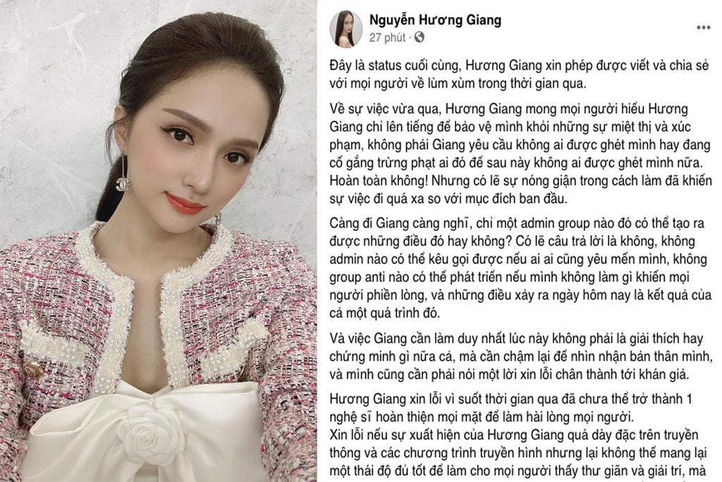 Trước phản ứng trái chiều từ cư dân mạng, Hương Giang lên tiếng xin lỗi và lui về ở ẩn suốt khoảng thời gian từ khi lùm xùm diễn ra cho đến bây giờ. (Dòng trạng thái Hương Giang đăng tải lên trang cá nhân công khai xin lỗi khán giả).