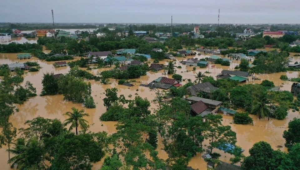 Lũ lớn trên sông Hiếu gây ngập diện rộng tại khu vực xã Thanh An, huyện Cam Lộ, tỉnh Quảng Trị. Nguồn: TTXVN.