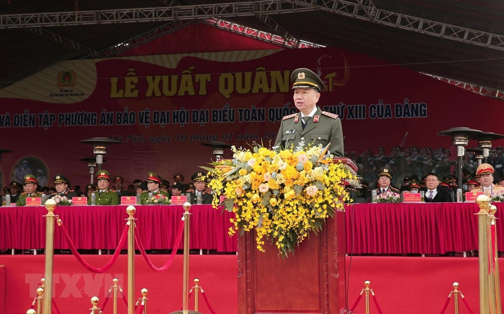 Đại tướng Tô Lâm, Ủy viên Bộ Chính trị, Bí thư Đảng ủy Công an Trung ương, Bộ trưởng Bộ Công an phát biểu. (Ảnh: Doãn Tấn/TTXVN).
