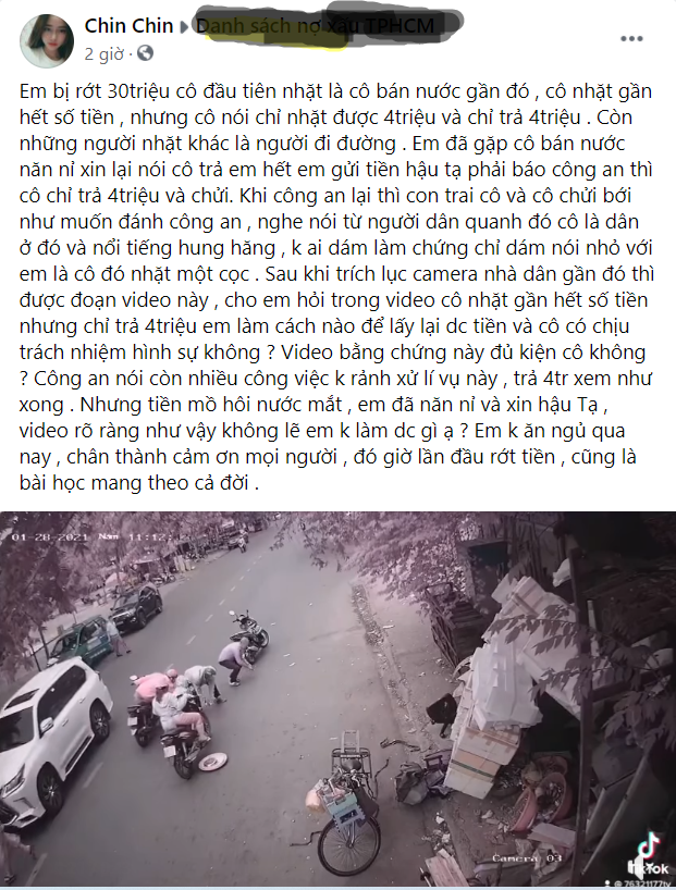 Chia sẻ của người làm rơi tiền trên mạng xã hội (nguồn: Facebook).