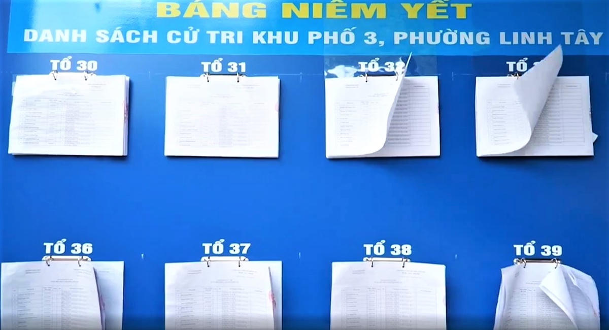 Bảng niêm yết danh sách cử tri đi bỏ phiếu tại phường Linh Tây, quận Thủ Đức ngày 3/10.