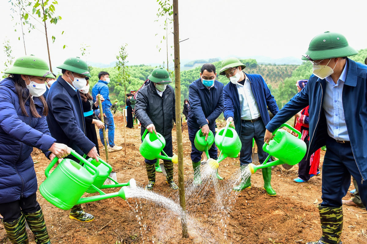 Chủ tịch Đỗ Văn Chiến cùng lãnh đạo tỉnh Tuyên Quang trồng cây xanh tại Lễ phát động. Ảnh: Quốc Việt.  