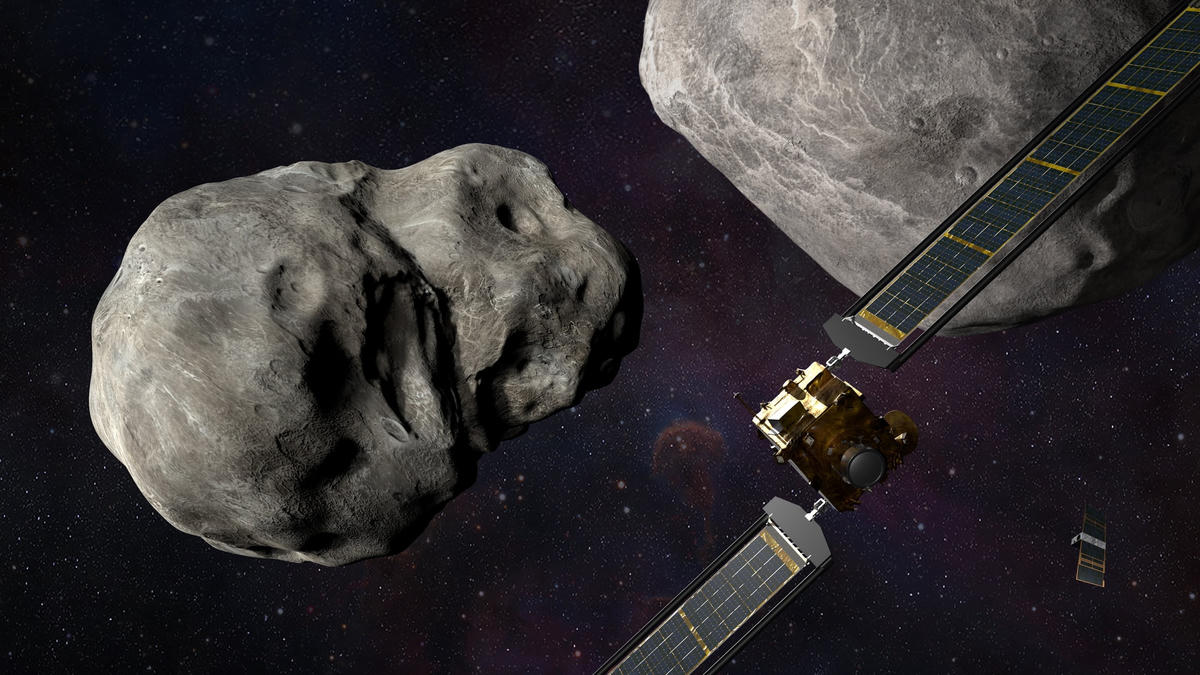 Hình minh họa tàu vũ trụ DART của NASA trước khi va chạm với hai tiểu hành tinh Dimorphos và Didymos.