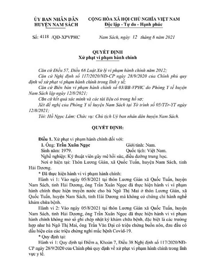 Chủ tịch UBND huyện Nam Sách đã ký quyết định xử phạt 47,5 triệu đồng với cá nhân anh Trần Xuân Ngọc do vi phạm trong lĩnh vực y tế và phòng dịch Covid-19.