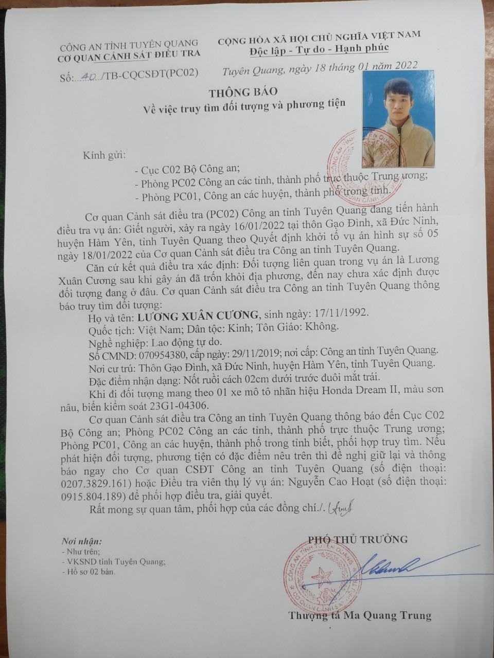 Thông báo truy tìm đối tượng giết người của Công an tỉnh Tuyên Quang (Ảnh công an cung cấp).
