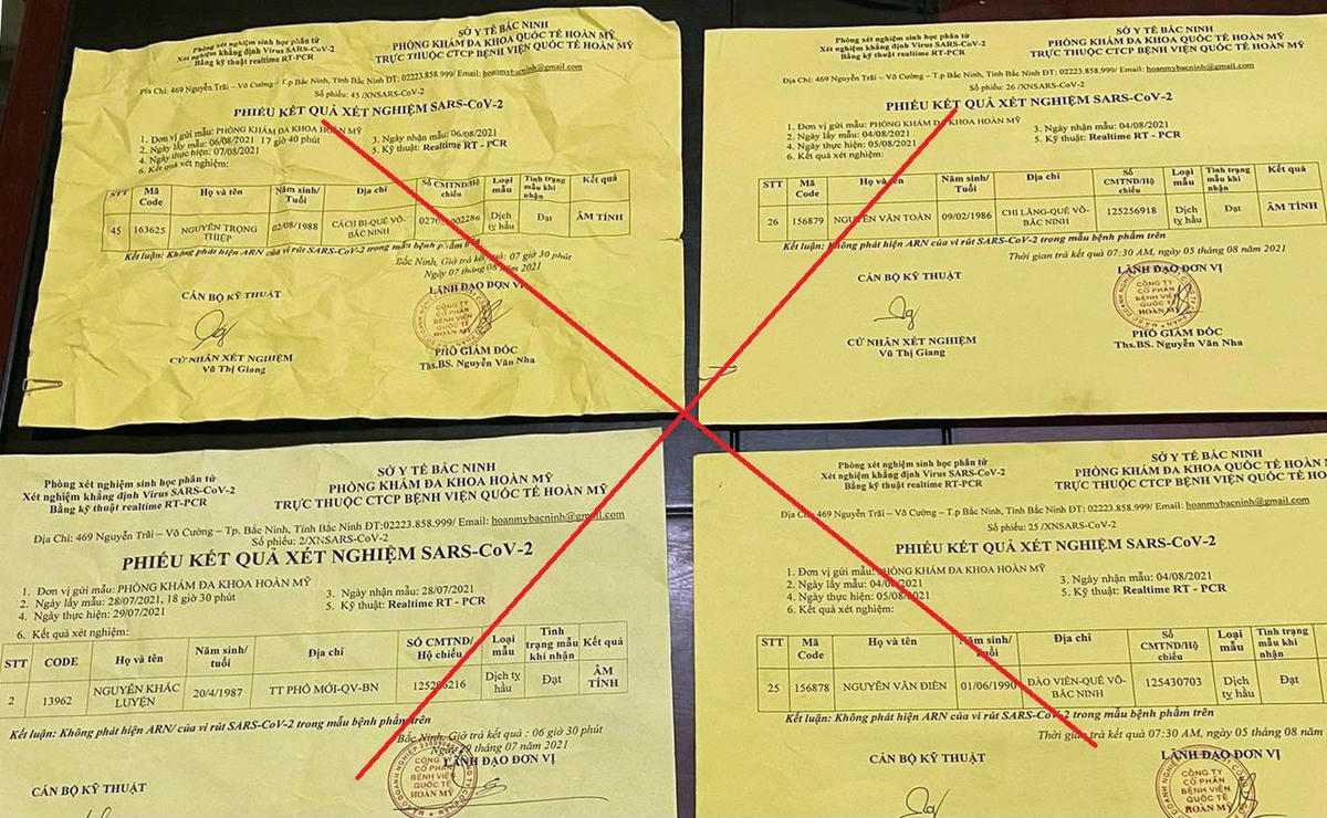 Những phiếu xét nghiệm giả được cơ quan Công an phát hiện.