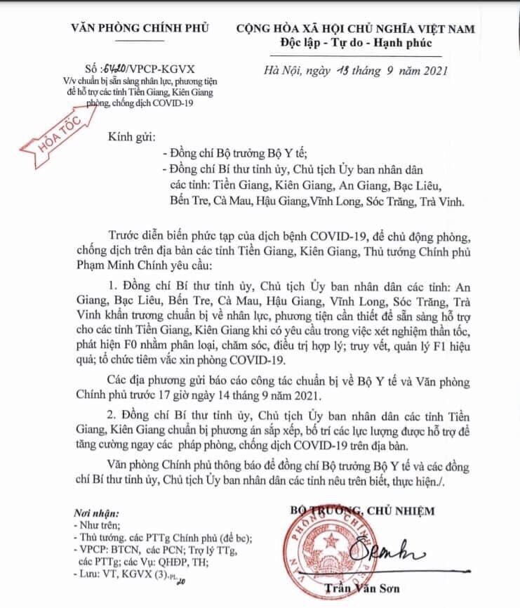 Công văn hoả tốc của Văn phòng Chính phủ gửi các tỉnh ĐBSCL. 