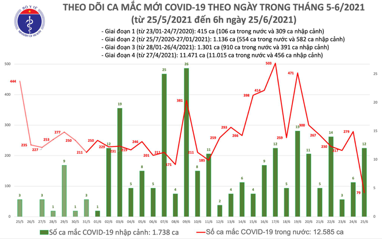 Số ca mắc Covid-19 tại Việt Nam tính đến 6h ngày 25/6. Nguồn: Bộ Y tế.