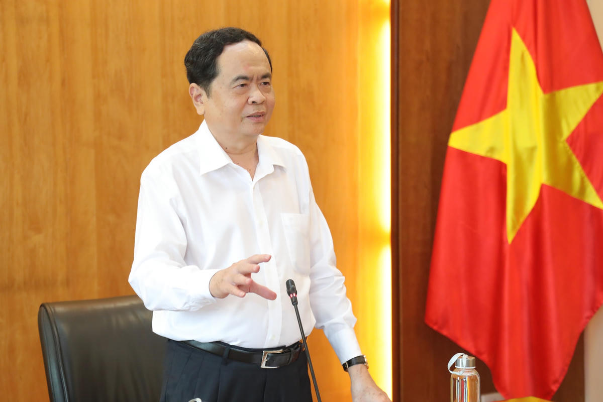 Bí thư Trung ương Đảng, Chủ tịch UBTƯ MTTQ Việt Nam Trần Thanh Mẫn phát biểu tại buổi tiếp nhận ủng hộ.  