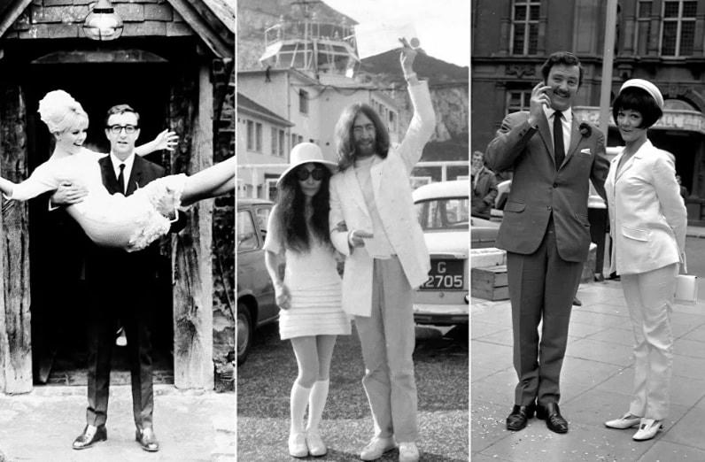 Từ trái qua: Nữ diễn viên Thụy Điển Britt Ekland với chồng, nam diễn viên người Anh Peter Sellers vào ngày 19/2/1964; Nghệ sĩ Nhật Bản Yoko Ono sau đám cưới của cô với nhạc sĩ, trưởng nhóm nhạc huyền thoại The Beatles, John Lennon, ngày 20/3/1969; Nữ diễn viên người Anh Amanda Barrie với chồng, nam diễn viên Robin Hunter, ngày 19/6/1967.