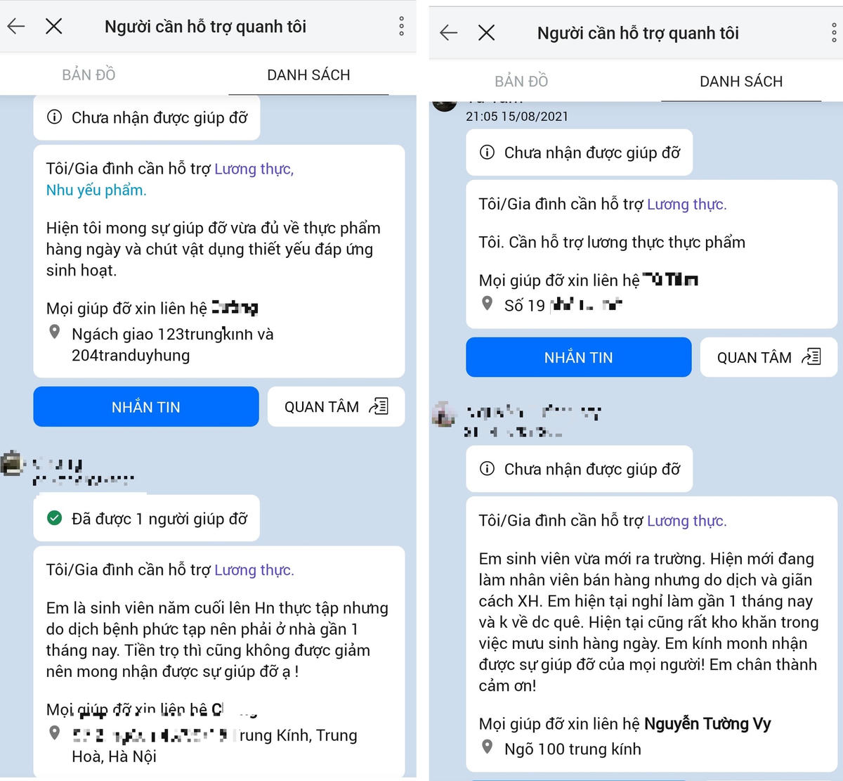 Thông tin, tình trạng người cần giúp đỡ sẽ được hệ thống cập nhật đầy đủ.