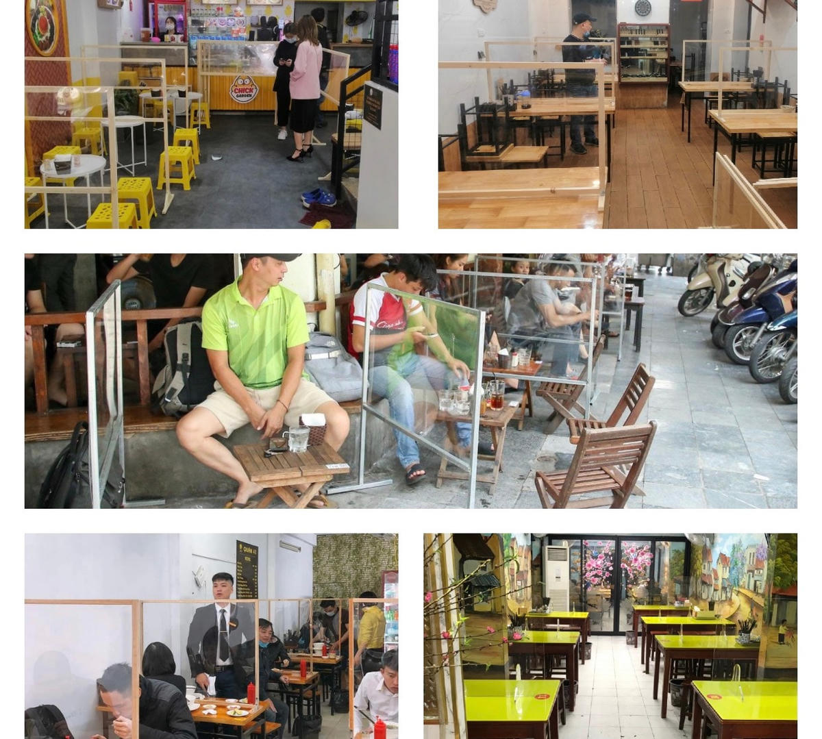 Các nhà hàng, quán ăn trang bị tấm chắn, vách ngăn đúng yêu cầu phòng dịch Covid-19. Nguồn: NVCC.
