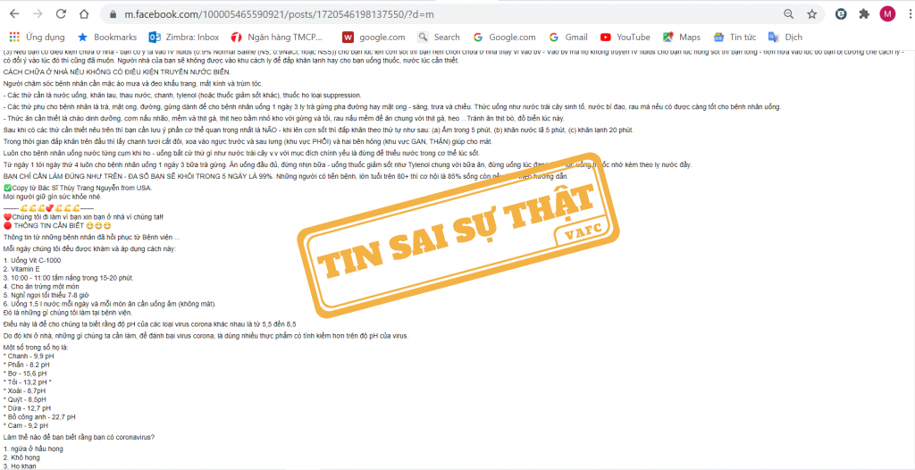 Thông tin điều trị Covid-19 tại nhà là sai sự thật. Nguồn: VAFC.