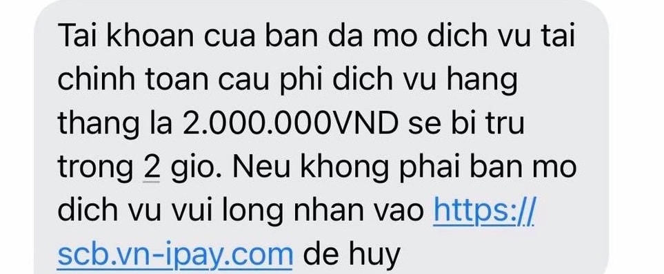 Tin nhắn giả mạo ngân hàng SCB có đường link gần giống với website của nhà băng này.