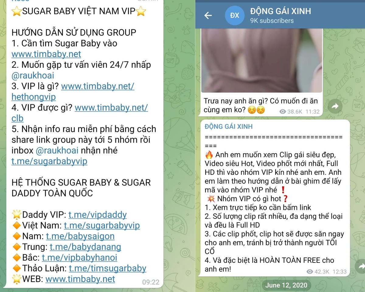 Hàng chục nhóm chat môi giới mại dâm hoạt động công khai trên nền tảng Telegram.