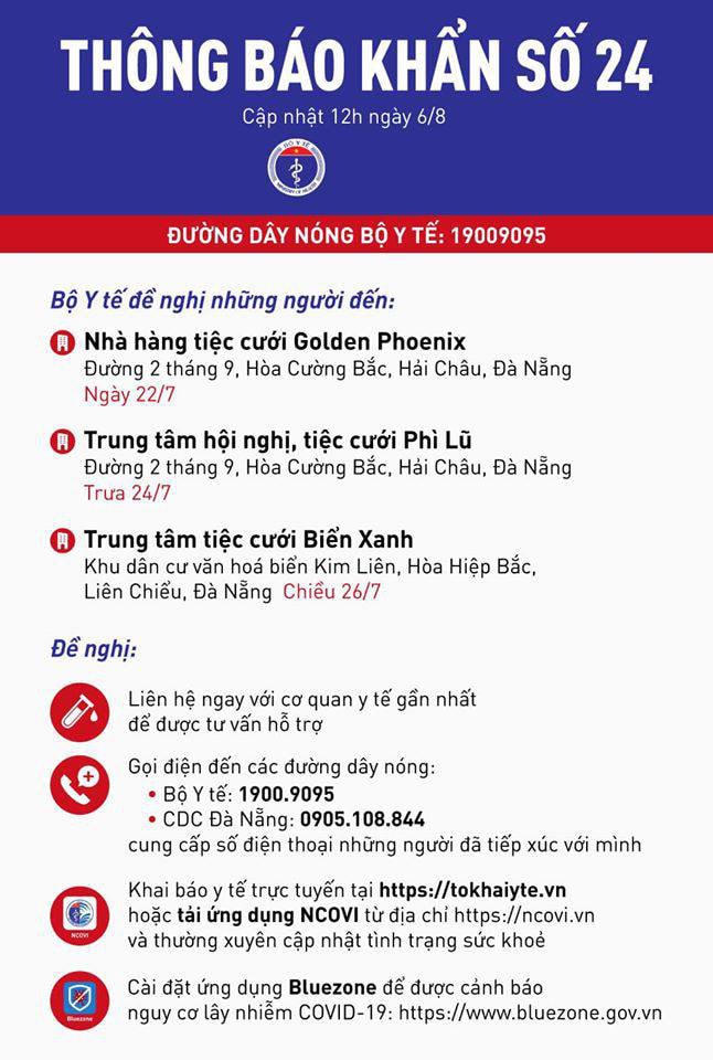 Thông báo khẩn số 24 (ngày 6/8) của Bộ Y tế.