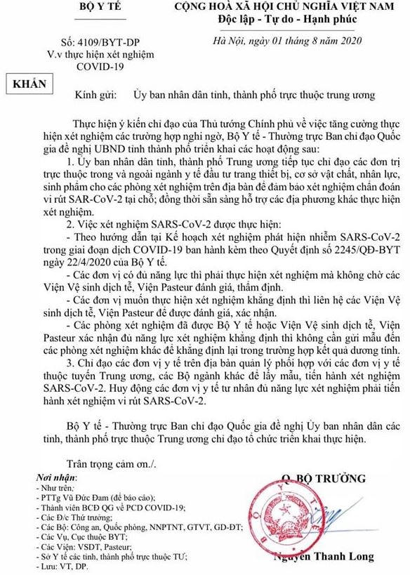 Công văn của Bộ Y tế.